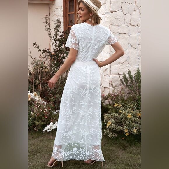 White Lace Embroidered Short Sleeve Surplice Neck Maxi Dress Bridal Wedding​ - Picture 2 of 4